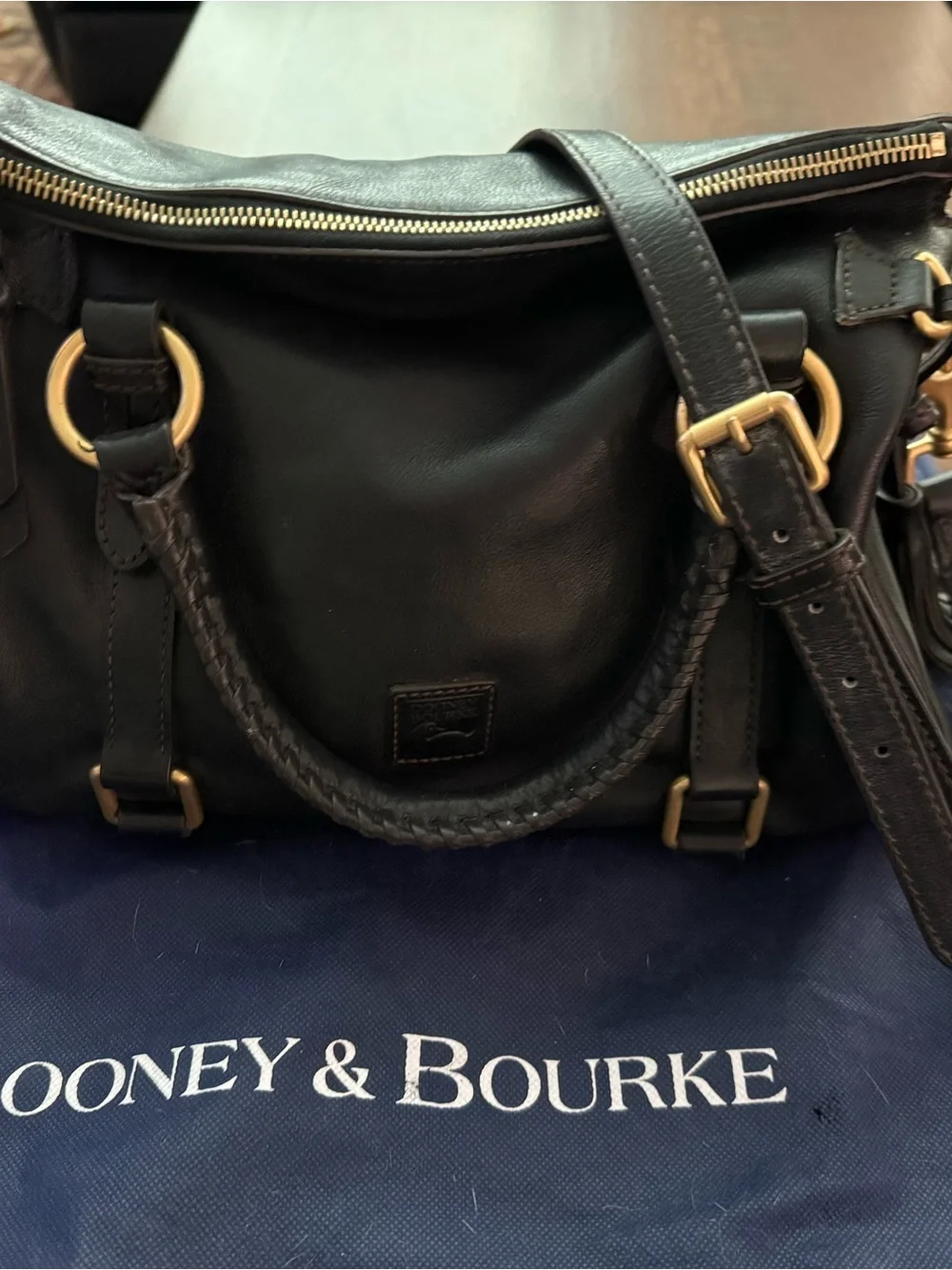 Dooney & Bourke Black Leather Satchel with Brass Studs